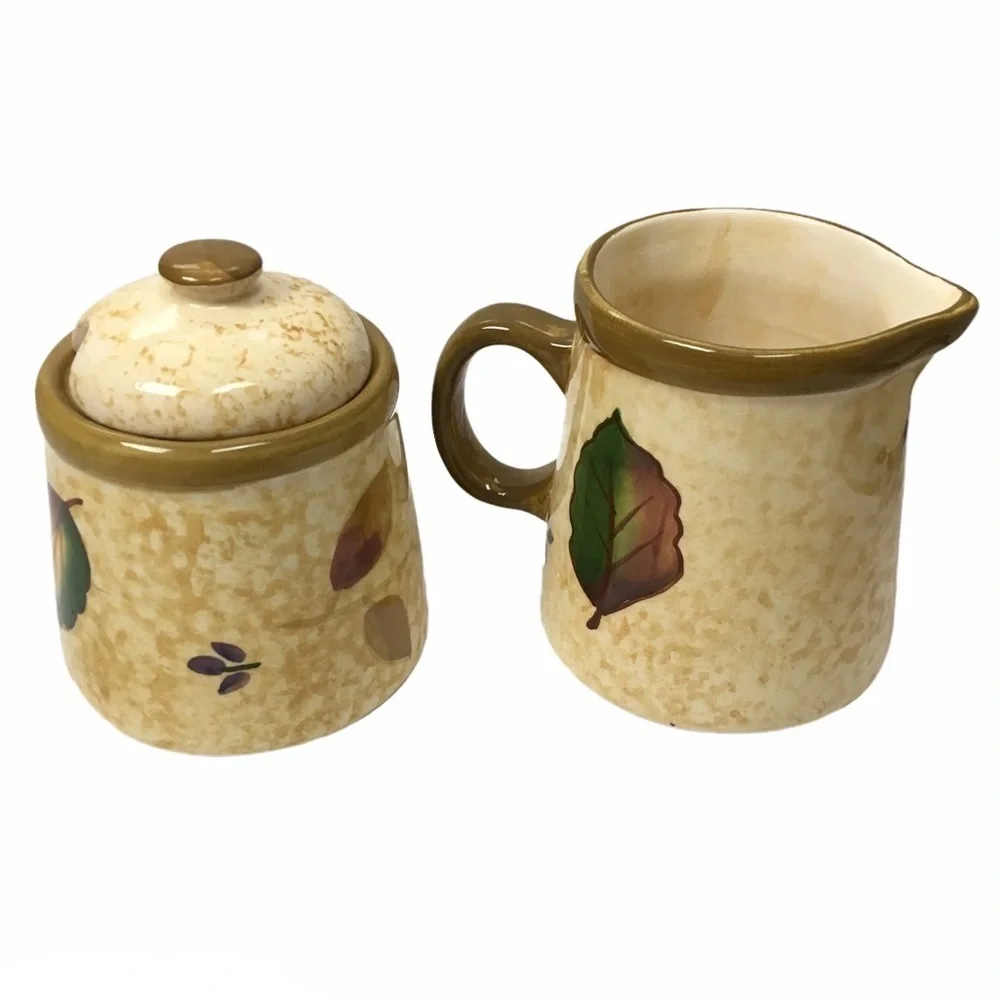 HARVEST Leaf Design Serving Set Thanksgiving Creamer Sugar Salt Pepper Ceramic